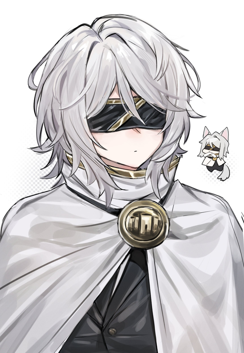 1girl, 1mingk, absurdres, animal_ears, badge, black_jacket, black_necktie, blindfold