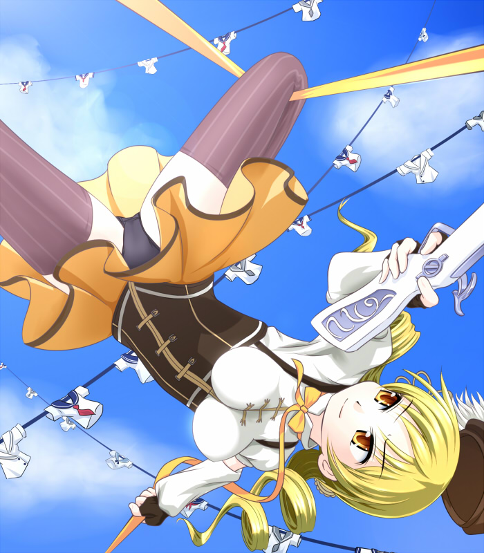 beret, blonde_hair, breasts, brown_legwear, corset, detached_sleeves, drill_hair, fingerless_gloves