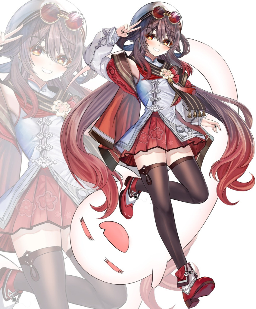 1girl, arm_up, black_nails, black_thighhighs, boo_tao_(genshin_impact), brown_hair, chinese_clothes, commentary_request