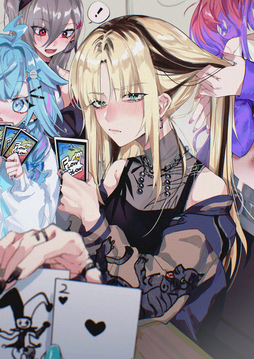 !, 5girls, :/, absurdres, adjusting_another's_hair, ahoge, animal_print, aqua_nails