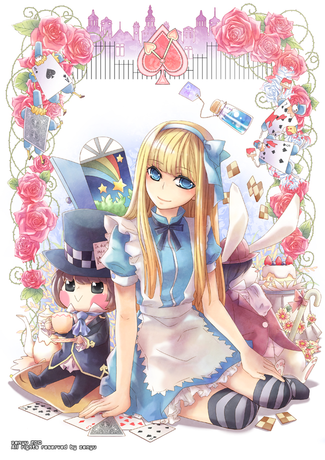 alice, alice_in_wonderland, blonde_hair, blush, bow, card, card_creature, cards, dress, flower, hair_bow, hairband, heart, lying_card, person_on_card, playing_card, striped, striped_legwear, striped_thighhighs, thighhighs, zenyu