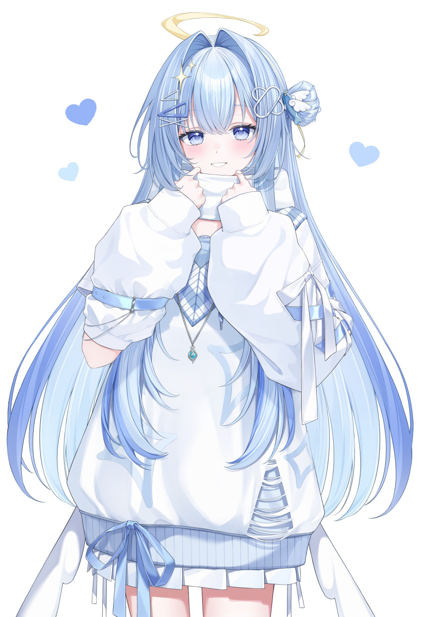 1girl, absurdres, blue_eyes, blue_hair, blue_ribbon, bokuhakiyoshi, cowboy_shot, dress