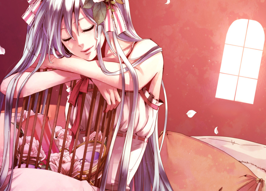 aqua_hair, bad_id, cage, closed_eyes, dress, eyes_closed, flower, hair_flower