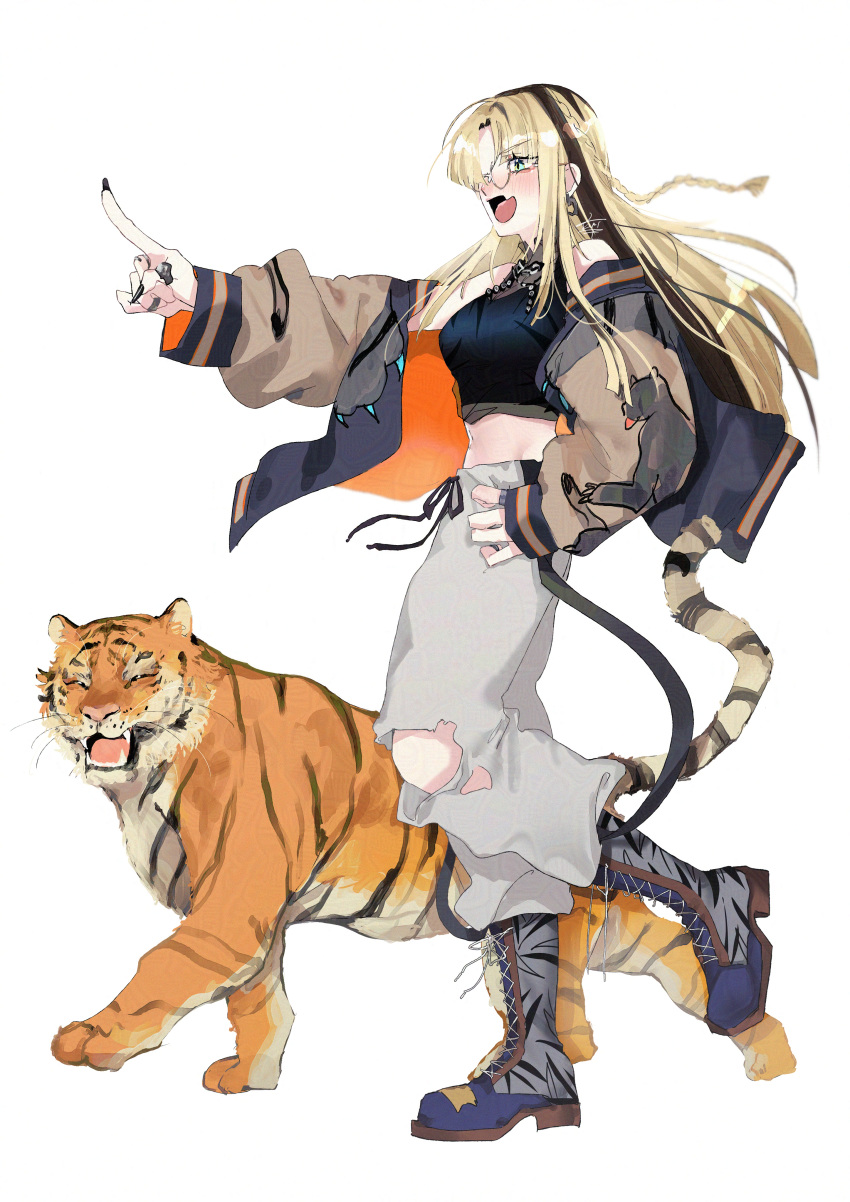 1girl, :d, absurdres, black_nails, black_streaks, black_tank_top, blonde_hair, boots
