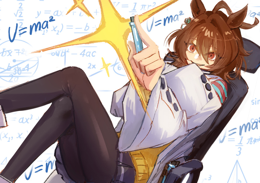 1girl, agnes_tachyon_(tach-nology)_(umamusume), agnes_tachyon_(umamusume), ahoge, animal_ears, black_pantyhose, brown_hair, cork