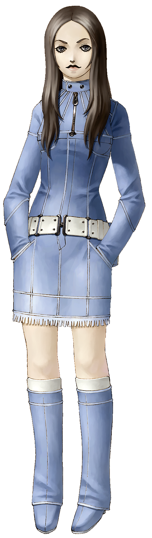 1girl, belt, blue_boots, blue_dress, boots, brown_eyes, brown_hair, closed_mouth