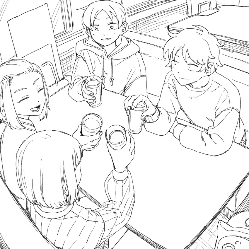 2boys, 2girls, :d, ^_^, absurdres, arm_rest, bangs_pinned_back, booth_seating