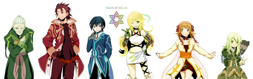 >_<, 3girls, ahoge, alvin_(tales_of_xillia), beard, bike_shorts, black_hair, blonde_hair, blue_hair, boots, bow, braid, brown_eyes, brown_hair, choker, coat, collar, cravat, doll, dress, elise_lutas, elise_lutus, facial_hair, flower, frills, genibun, gloves, green_eyes, hairband, hand_on_hip, hands_in_pockets, highres, hips, jewelry, jude_mathis, leia_roland, long_hair, messy_hair, midriff, milla_maxwell, multicolored_hair, multiple_boys, multiple_girls, navel, pants, pendant, pointing, ribbon, rowen_j._ilbert, short_hair, skirt, smile, tales_of_(series), tales_of_xillia, tipo_(xillia), tippo, title_drop, v, white_background, white_hair, wink