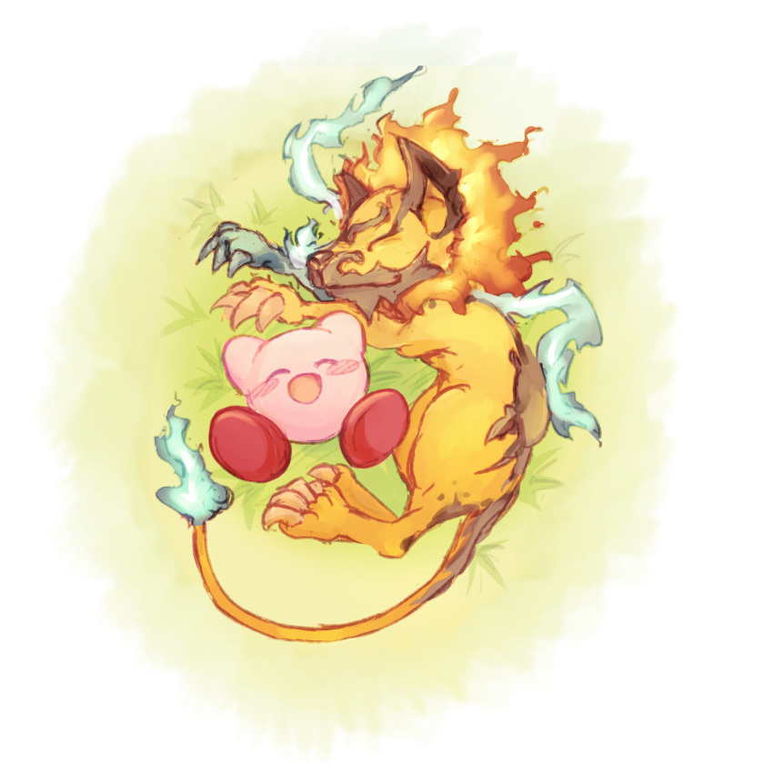 blue_fire, blush_stickers, claws, closed_eyes, colored_skin, commentary, desultorynovice, english_commentary