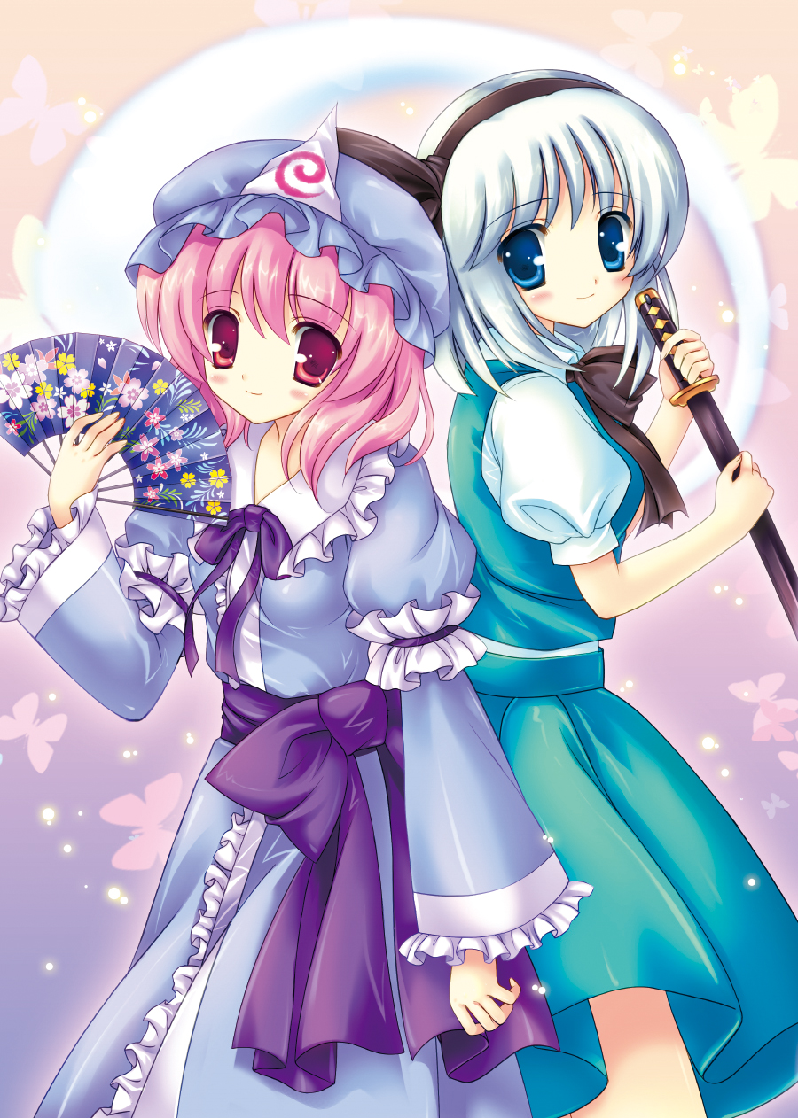 blue_eyes, blush, fan, folding_fan, fukase_ayaka, ghost, hairband, hat