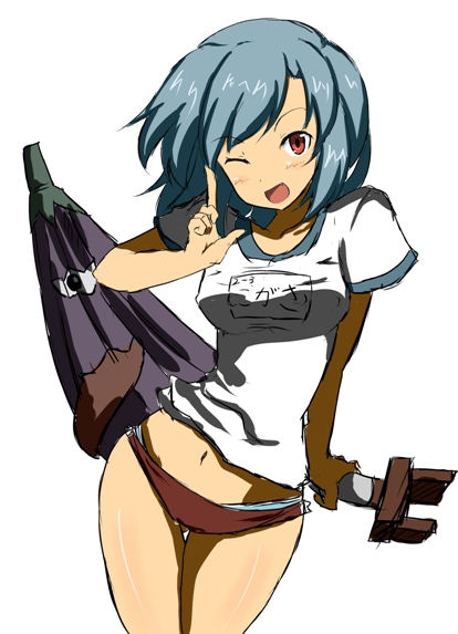 aqua_hair, blue_hair, blue_panties, buruma, fang, geta, gym_uniform, haiiroguma, himajin_koroshi, karakasa_obake, midriff, navel, panties, red_eyes, solo, tatara_kogasa, thigh_gap, thighs, touhou, umbrella, underwear, wink