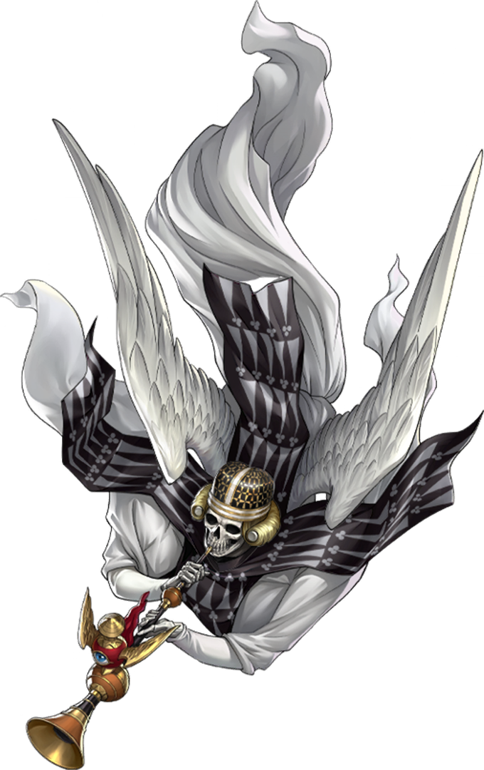 1boy, angel, angel_wings, artist_request, demon_(megami_tensei), feathered_wings, hat, holding