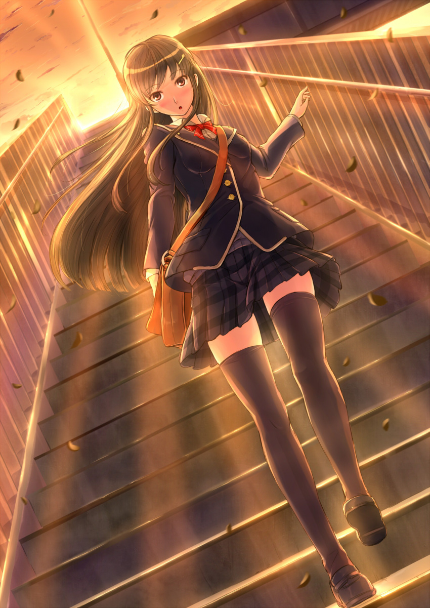 amanomiya_saori, backlighting, bag, black_hair, black_legwear, blazer, blush, bow