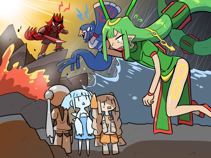 1boy, 5girls, absurdly_long_hair, blank_eyes, blue_hair, bracelet, brown_hair, china_dress
