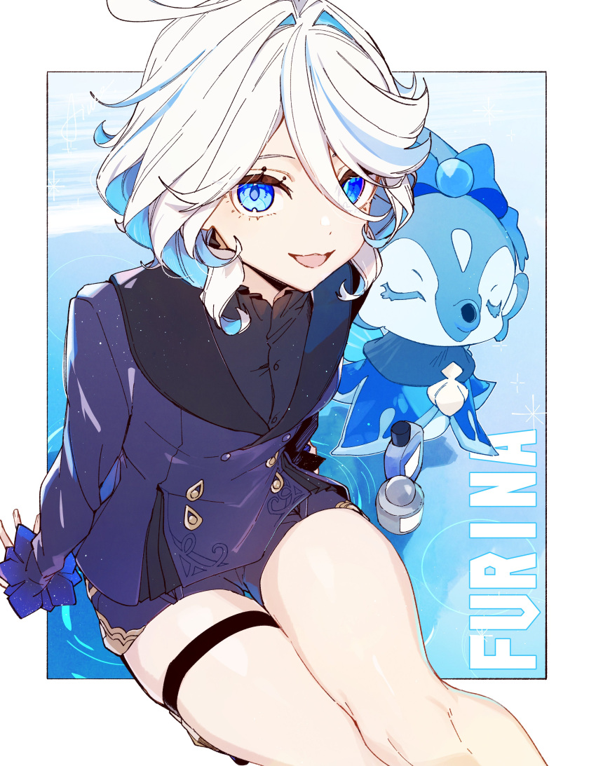 1girl, absurdres, ahoge, aiwo_o_lite, black_shirt, blue_eyes, blue_hair, blue_jacket
