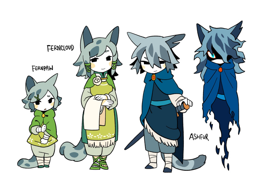 2boys, 2girls, age_comparison, age_progression, animal_ears, animification, ashfur, black_eyes