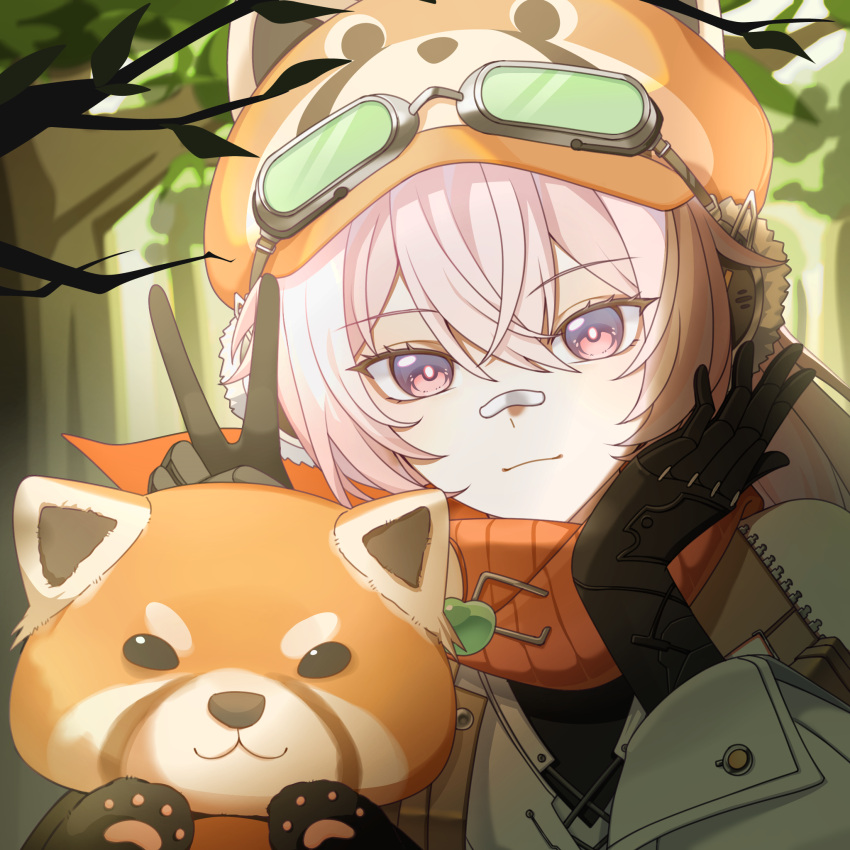1girl, animal_hat, bandaid, bandaid_on_face, bandaid_on_nose, branch, bunny_ears_prank, chinese_commentary