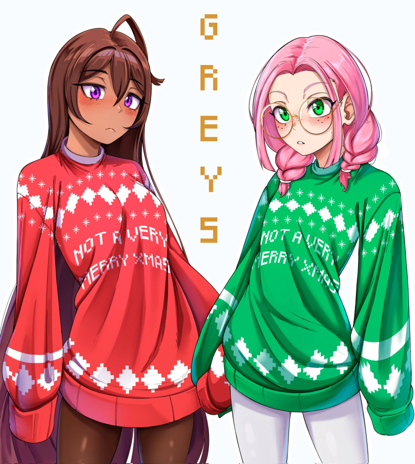 2girls, ahoge, blush, breasts, brown_hair, christmas, christmas_sweater, closed_mouth