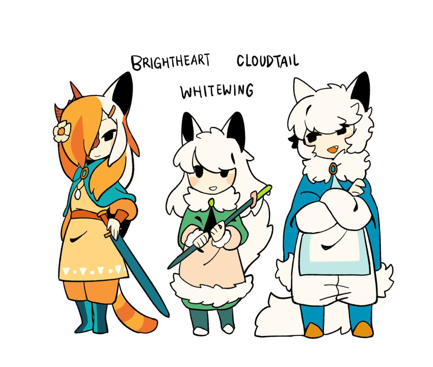 1boy, 2girls, animal_ears, aqua_capelet, black_eyes, blue_cape, brightheart, cape