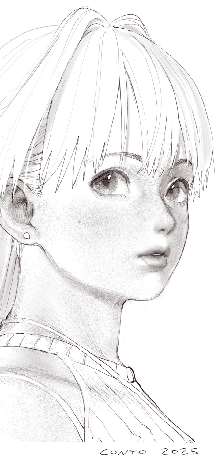 1girl, 2025, catherine_(conto), clip_studio_paint_(medium), conto, earrings, freckles, greyscale