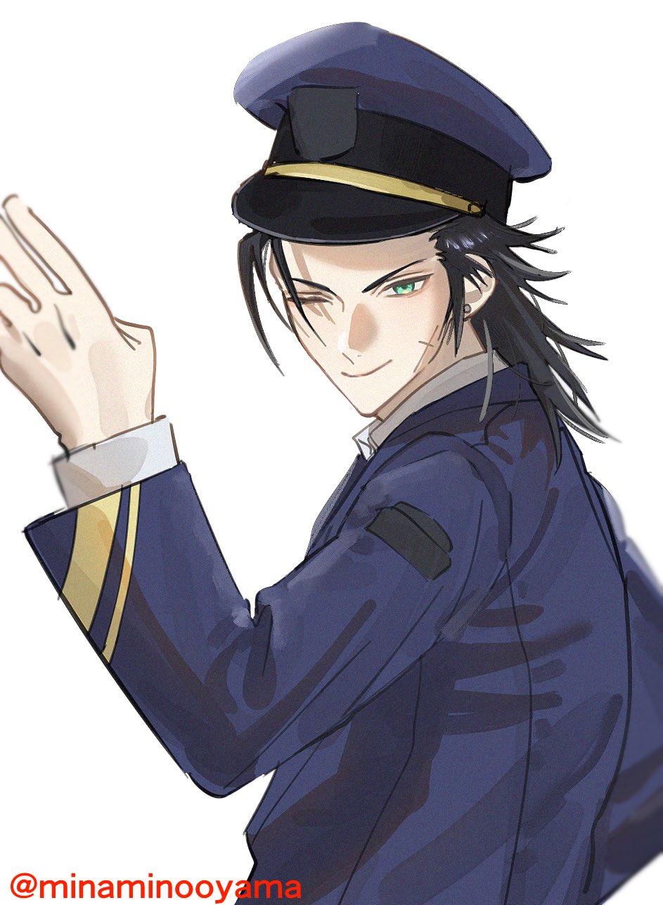 1boy, black_hair, blue_eyes, blue_hat, blue_jacket, closed_mouth, collarbone, cross_scar