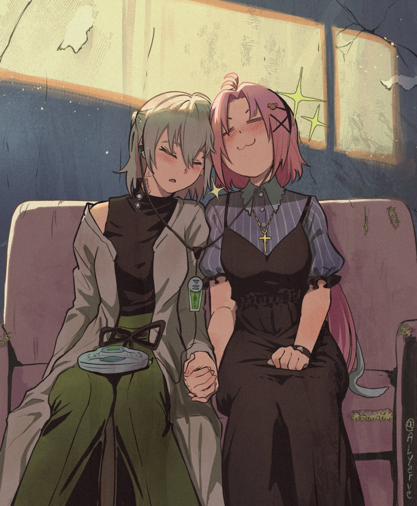 2girls, :3, aged_up, alyerve, black_dress, blonde_hair, cd_player, coat