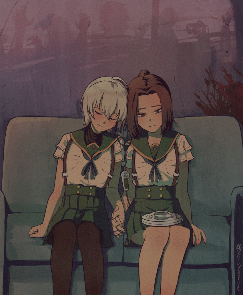 2girls, alyerve, blonde_hair, blood, brown_eyes, brown_hair, cd_player, closed_eyes