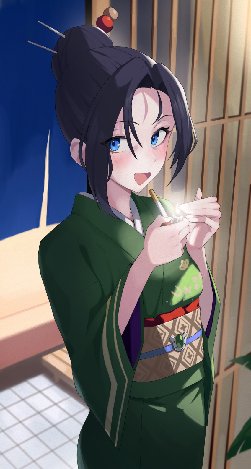 1girl, absurdres, architecture, black_hair, blue_eyes, blush, cigarette, cupping_hand