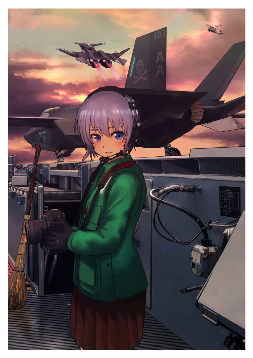 1girl, afterburner, aircraft, aircraft_carrier, airplane, black_gloves, blue_eyes, border