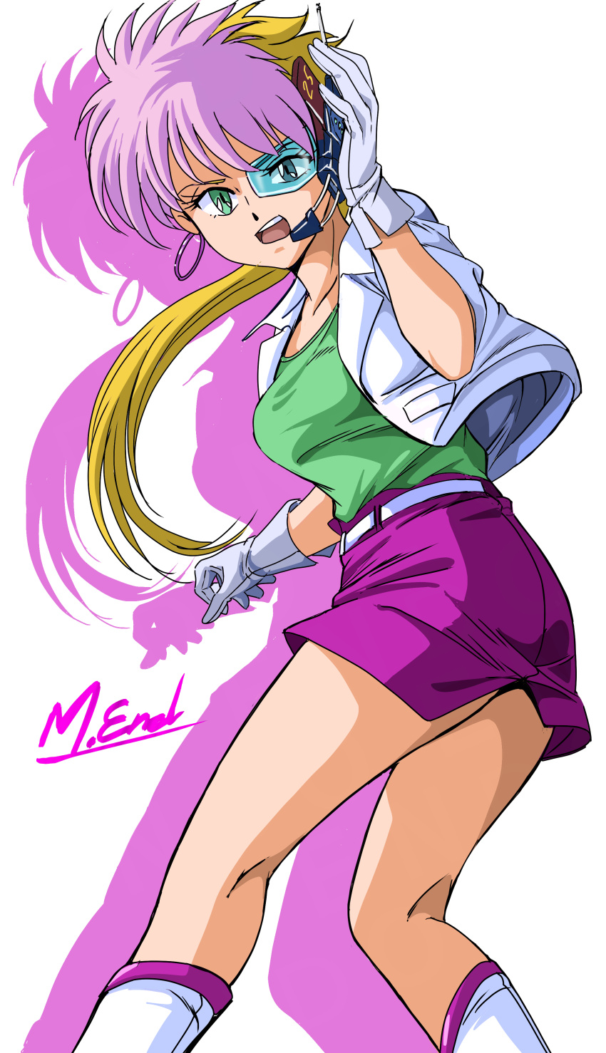 1girl, absurdres, artist_name, belt, blonde_hair, boots, commentary_request, drop_shadow