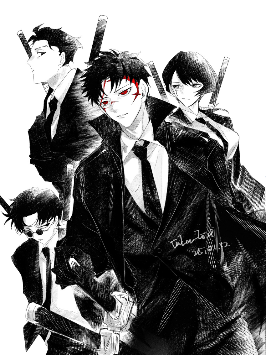 1girl, 3boys, absurdres, chinese_commentary, coat, collared_shirt, commentary, cross_tattoo
