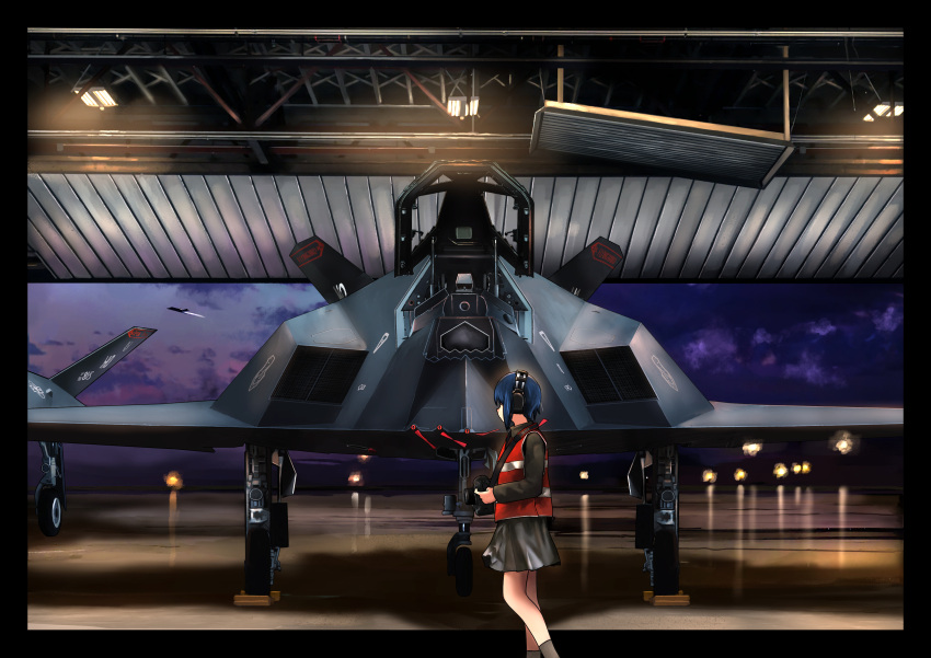 1girl, absurdres, aircraft, airplane, black_border, black_skirt, blue_hair, bomber