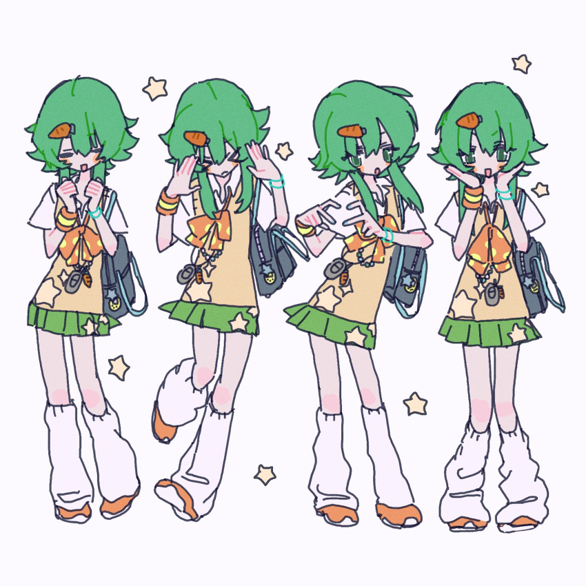 >_<, =_=, ao_6336, arms_up, bag, blue_nails, blush, bow