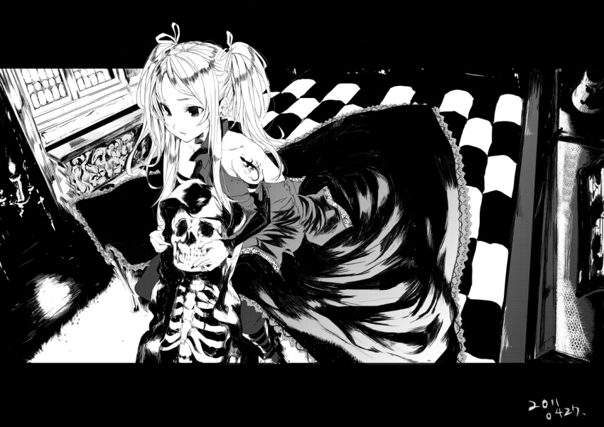 bad_id, checkered, grayscale, greyscale, hair_ribbon, kusanagi_kikoku, letterboxed, long_hair, monochrome, original, payot, ribbon, skeleton, solo, twintails