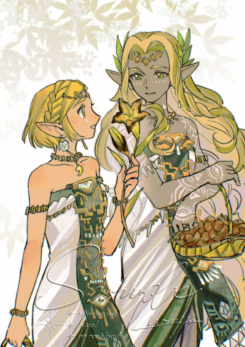 2girls, armlet, artist_name, bags_under_eyes, basket, blonde_hair, body_markings, bracelet
