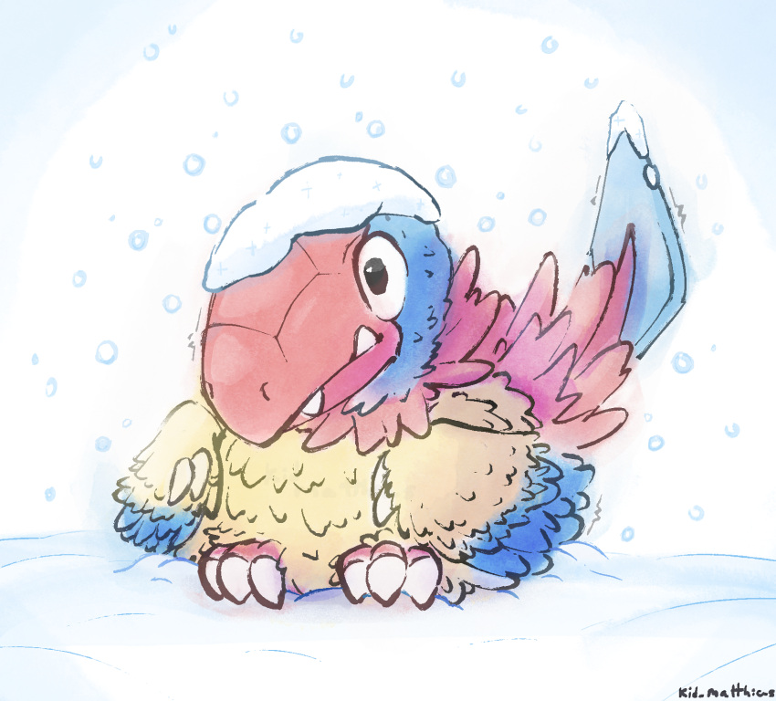 archen, claws, commentary, english_commentary, fangs, highres, kid-matthias, no_humans, pokemon, pokemon_(creature), signature, snow, solo