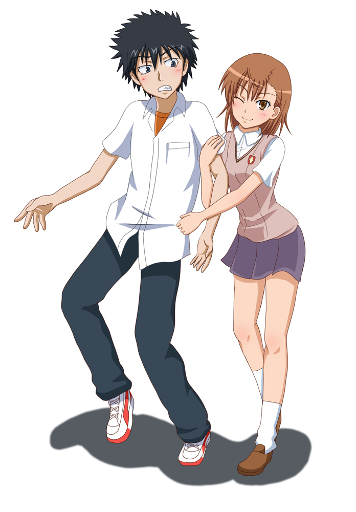 black_hair, brown_eyes, brown_hair, kamijou_touma, kasumi_uzuki, misaka_mikoto, school_uniform, skirt