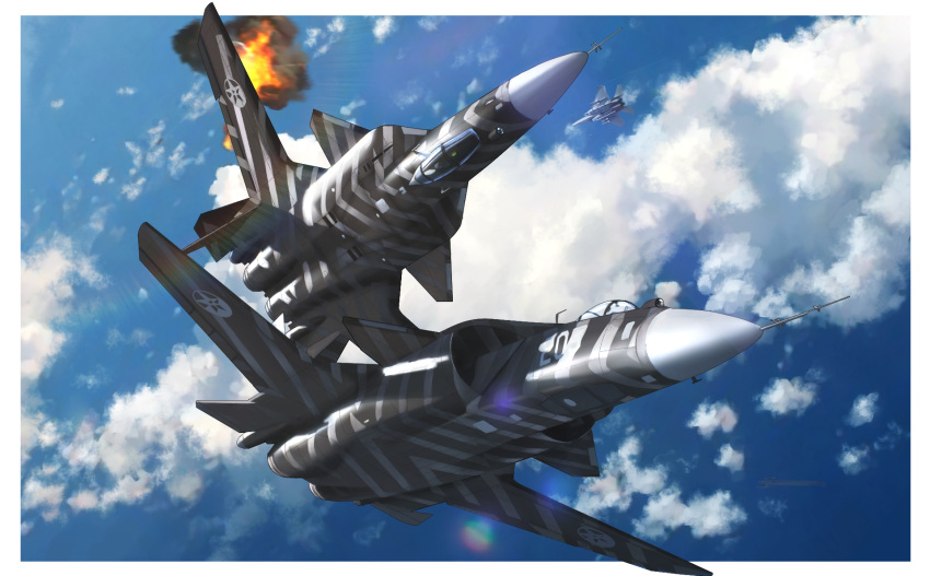 ace_combat, ace_combat_7, aircraft, airplane, blue_sky, border, canards, clouds, commentary_request, day, elke_van_dalsen, explosion, f-15_eagle, fighter_jet, flying, highres, lens_flare, military_vehicle, otto_van_dalsen, outside_border, roundel, sky, su-47_berkut, timmyyen, vehicle_focus, white_border