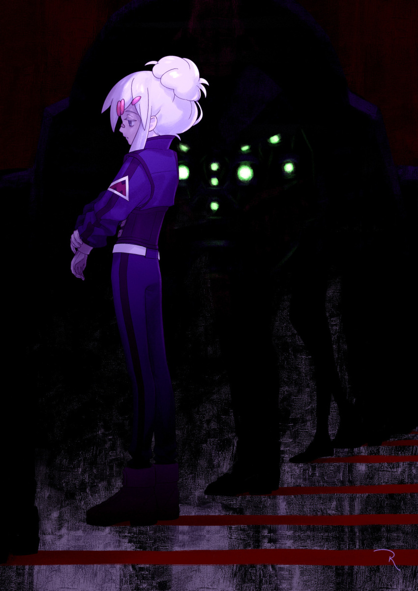 1girl, blue_eyes, dark, deux_murasame, earth_federation, expressionless, extra_eyes, full_body