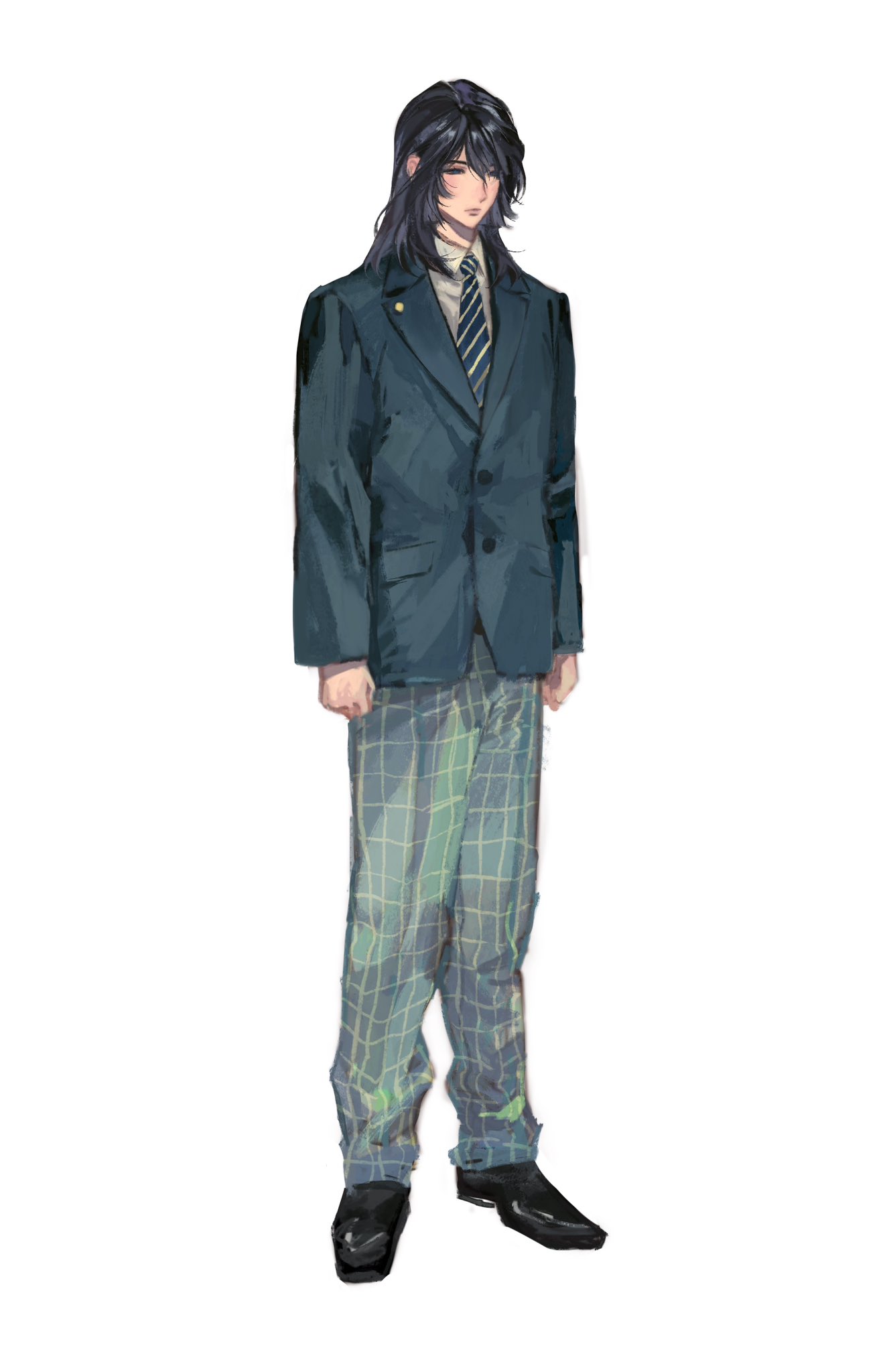 1boy, bishounen, black_hair, black_shoes, blue_jacket, collared_shirt, enxy, full_body