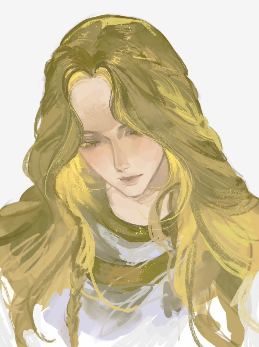 1boy, androgynous, blonde_hair, braid, closed_eyes, closed_mouth, colored_eyelashes, curtained_hair