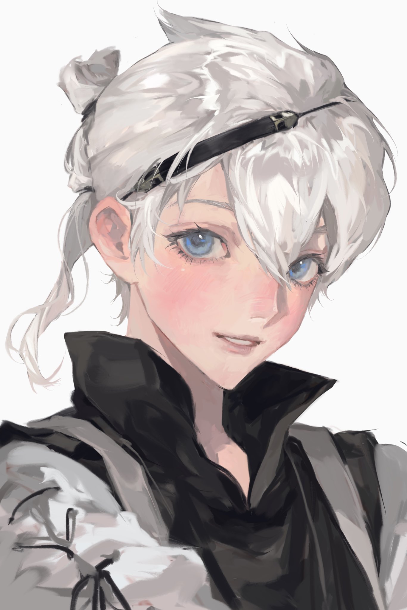 1boy, black_hairband, black_shirt, blue_eyes, blush, collared_shirt, enxy, hair_between_eyes