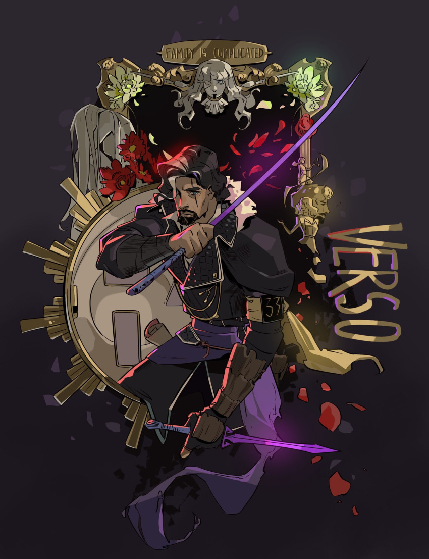 3boys, 3girls, alicia_(clair_obscur:_expedition_33), beard, belt, black_belt, black_gloves, black_hair