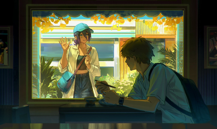 1boy, 1girl, backpack, bag, baseball_cap, black_tube_top, blonde_hair, blue_hat