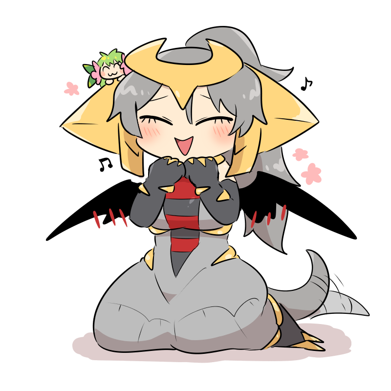 2girls, :3, black_wings, blush_stickers, commentary, dragon_tail, dress, elbow_gloves