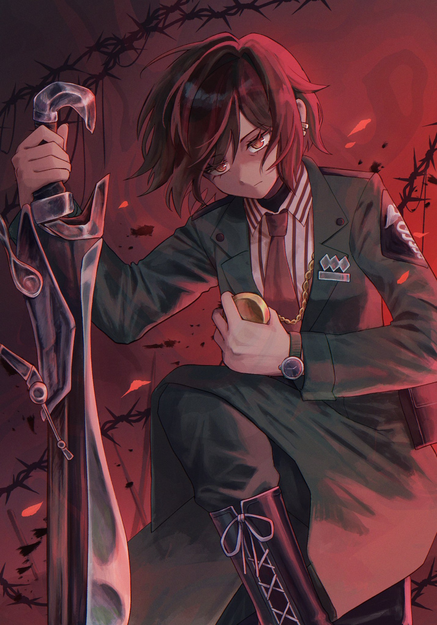 1girl, black_boots, boots, brown_hair, closed_mouth, coat, commentary, dark-skinned_female