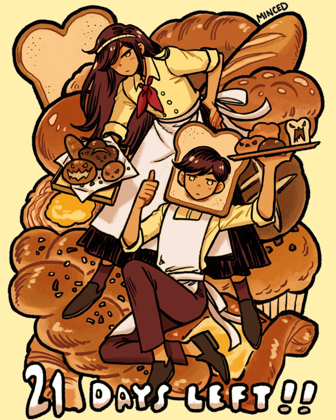 1boy, 1girl, apron, arm_up, artist_name, biscuit_(omori), black_skirt, bread