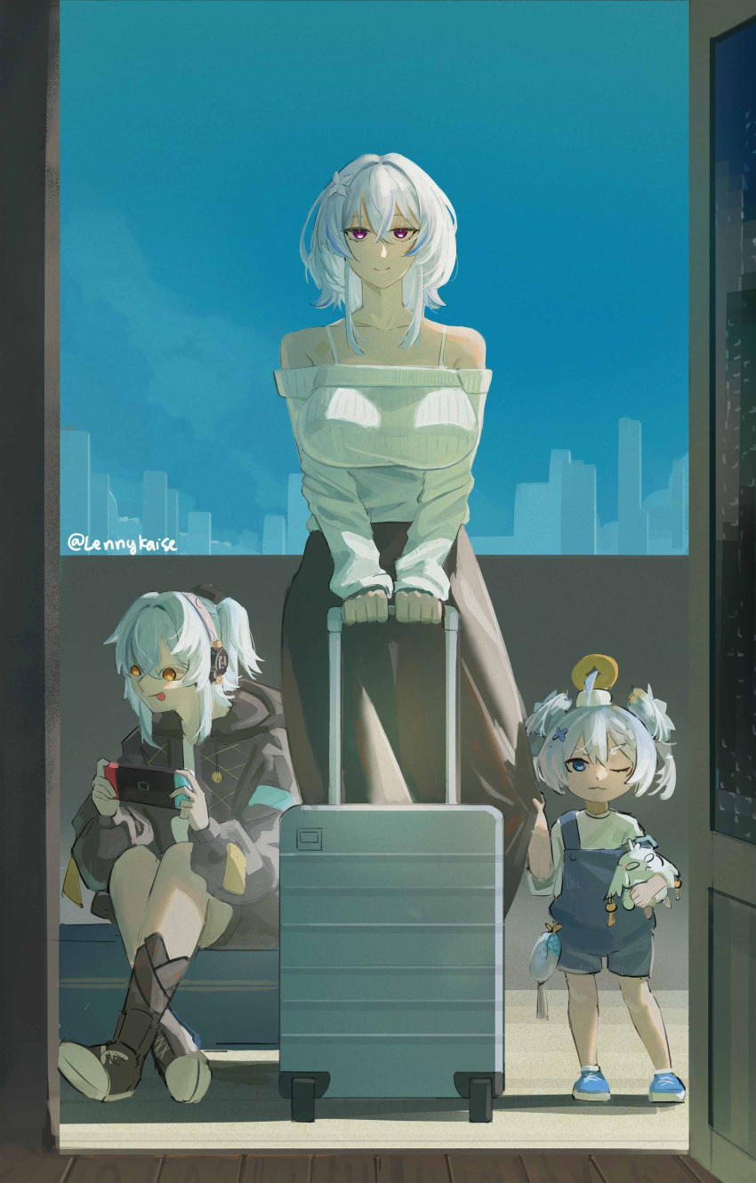 3girls, :p, abby_(wuthering_waves), absurdres, aged_down, alternate_costume, black_skirt, blue_hair