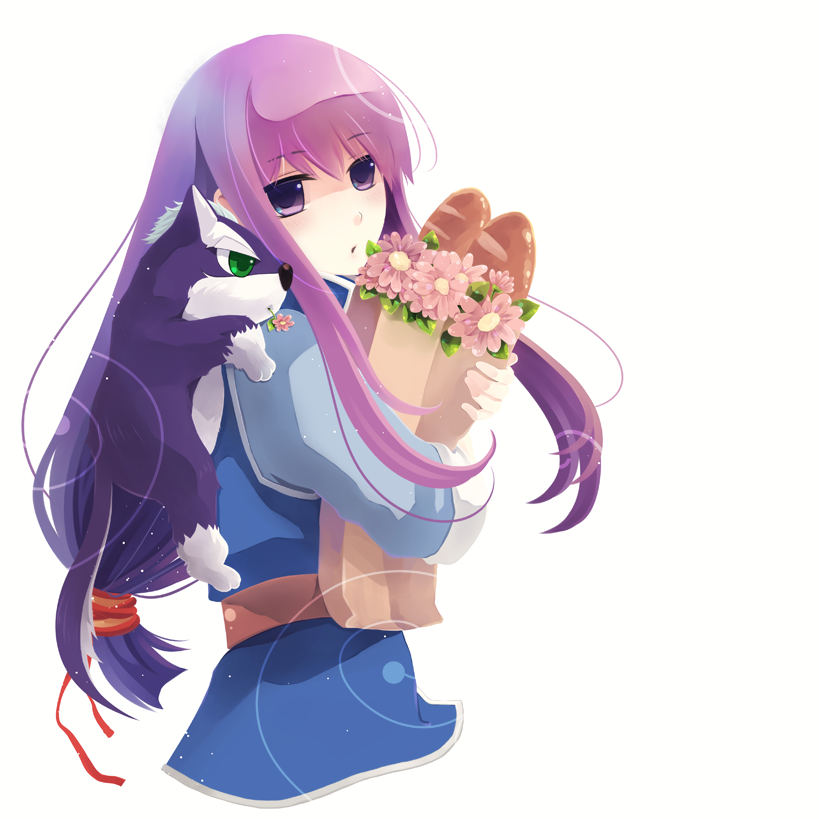 bad_id, bag, bread, dog, flower, food, green_eyes, long_hair