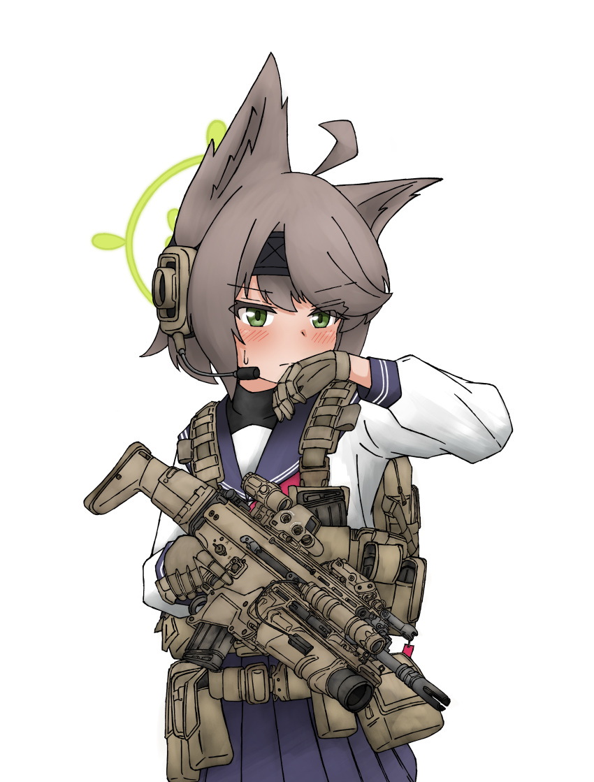 1girl, absurdres, ammunition_pouch, animal_ear_fluff, animal_ears, assault_rifle, belt, blue_archive